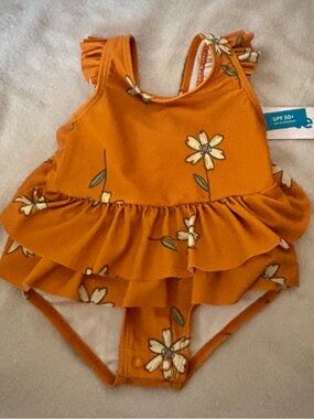 Carter’s Baby Girl Floral Swimsuit 3-6M Mustard Ruffle One Piece NWT UPF 50